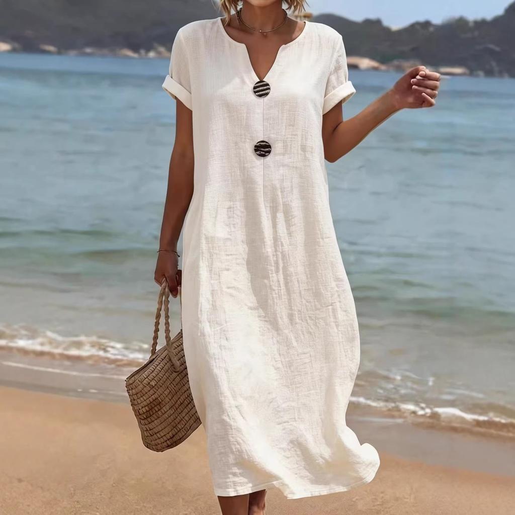 Notch V Neck Rolled Short Sleeve Linen 2 Decorative Front Buttons Loose Flowy Shift Dress Breathable Summer Beach Minimalist Oversized Resort Sundress