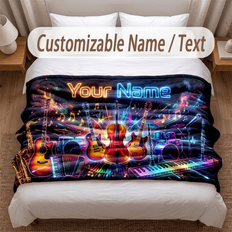 Music General Theme Soft Blanket Personalized Custom Name Text Print Warm Blanket Home Sofa Bedroom Decor