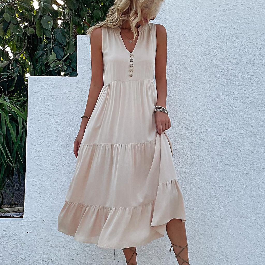 Amazon Independent Station Cross-border Summer New Products European and American Sleeveless Pleated Skirt Loose V-Neck Long Dress