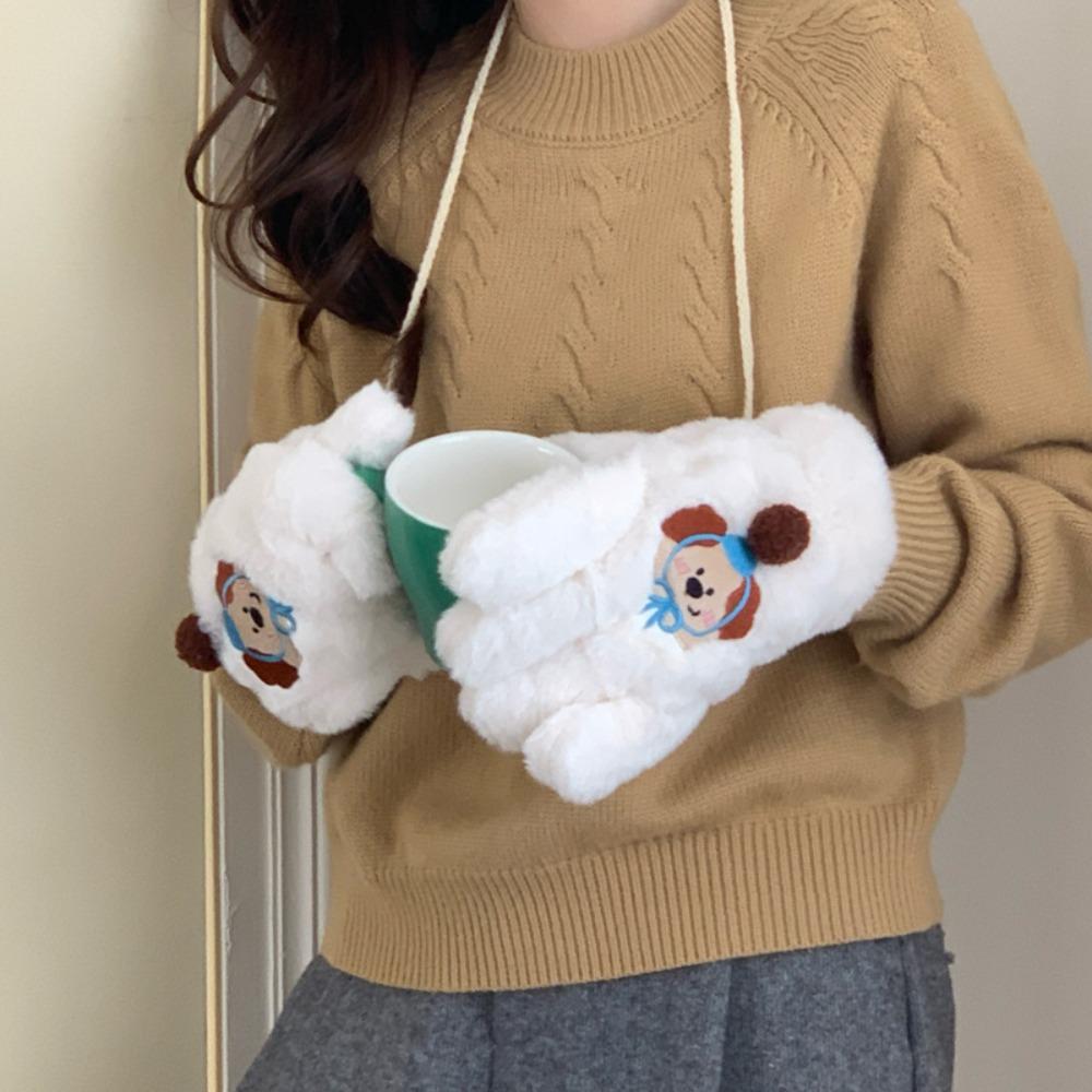 Cute embroidered gloves women s autumn and winter warm and cold-proof plush full-finger gloves thickened and plush student breakup finger gloves