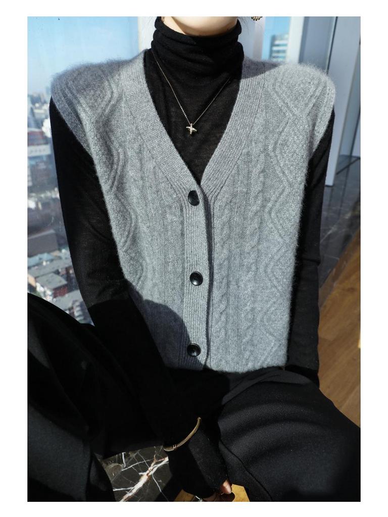 Dámská vlněná kardiganová vesta s výstřihem do V - Vrstvený pletený bezrukávý svrchní oděv s ramenními vycpávkami na podzim/zimu