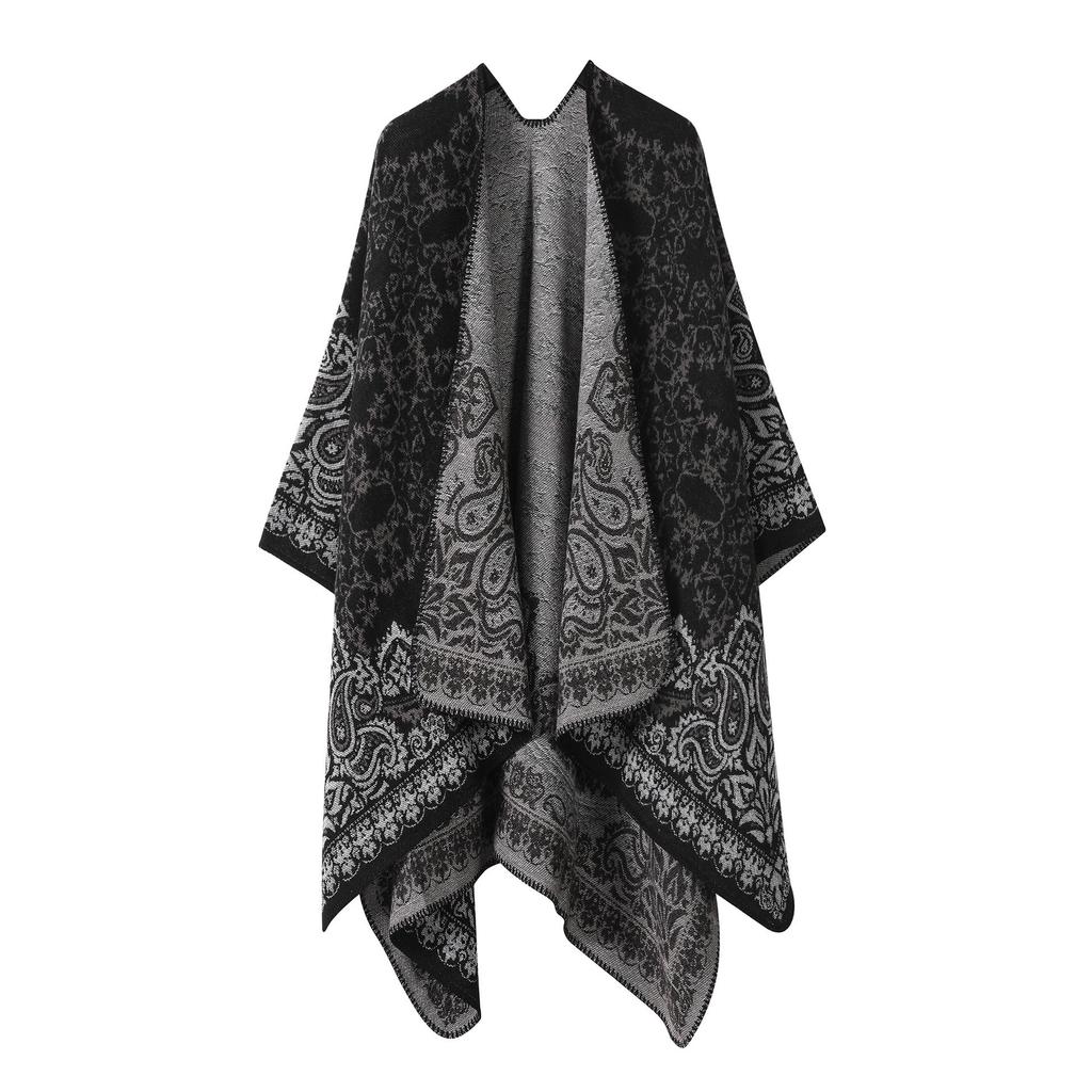 Women's Double-Sided Tassel Shawl Cloak - Classic Slit Design, Warm Travel Cape