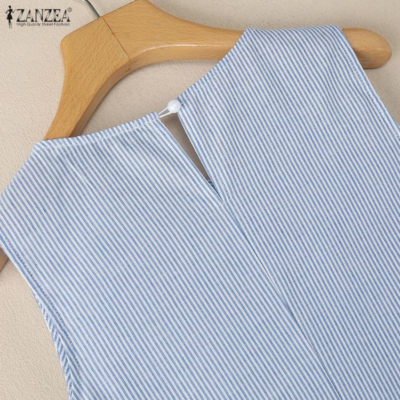 ZANZEA Women Round Neck Loose Casual Stripe Sleeveless Dress