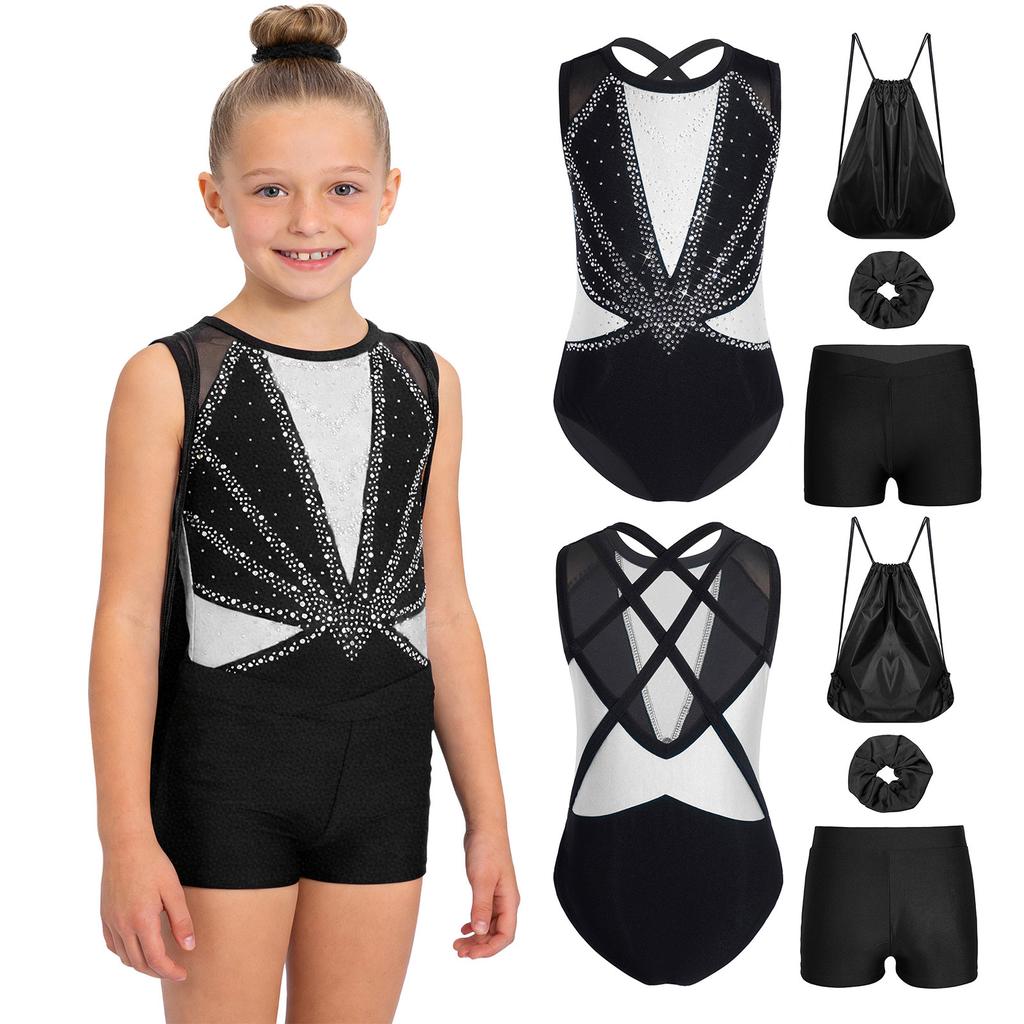 Kids Girls Gymnastics Dance Set Sleeveless Crisscross Back Shiny Rhinestones Color Block Metallic Leotard with Shorts Hairband and Drawstring Backpack
