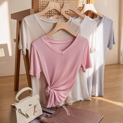 Silk V-neck Short Sleeve Women's Tee - Breathable & Skin-friendly Fashion Top