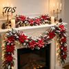 Covered Porch Fence Decoration 5.9Ft Artificial Christmas Poinsettia Garland with Frosted Pine Branch and Red Flexible Plastic Vines Berries, Festive