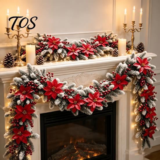Covered Porch Fence Decoration 5.9Ft Artificial Christmas Poinsettia Garland with Frosted Pine Branch and Red Flexible Plastic Vines Berries, Festive