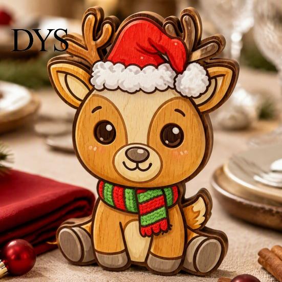 Wooden Christmas Ornaments Elk Figurine with Santa Hat And Scarf, Cartoon Deer Tabletop Decoration Ornament for Holiday Home Party Decor, Stable Base