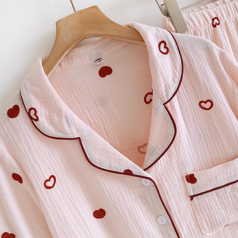 Nuovo set pigiama da donna primaverile ed estivo 100% cotone crepe Love a maniche corte + pantaloncini + pantaloni, set ampio in tre pezzi