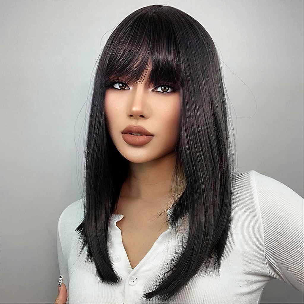 Long Black Wig for Women Black Wig with Bangs Long Straight Black Wig Synthetic