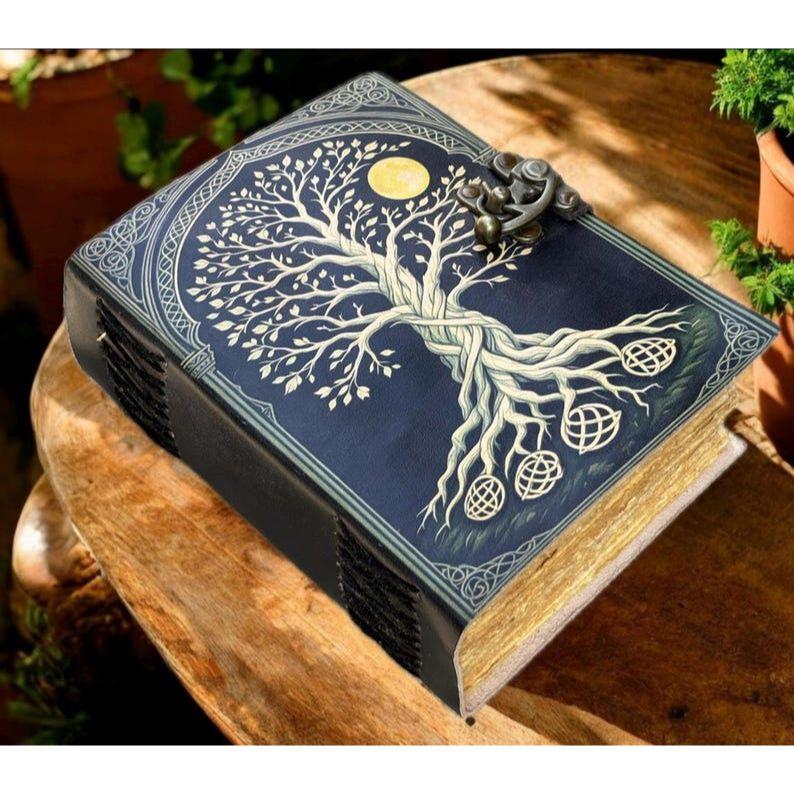 400 Page Large Grimoire Leather Journal, Print Tree of Life Journal, Blank Spell Book Book of Shadows Leather Celestial Gifts For Him Her.