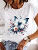 (Asian Size)  Clothing T Shirt Fashion Watercolor Flower Butterfly Cute Tee Print Lady Women Casual Top Short Sleeve Female Graphic T-shirts