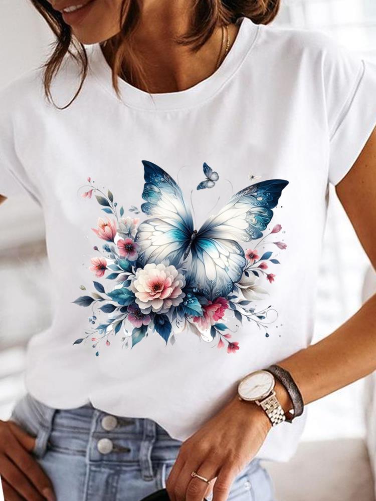 (Asian Size)  Clothing T Shirt Fashion feather trend sweet Tee Print Lady Women Casual Top Short Sleeve Female Graphic T-shirts