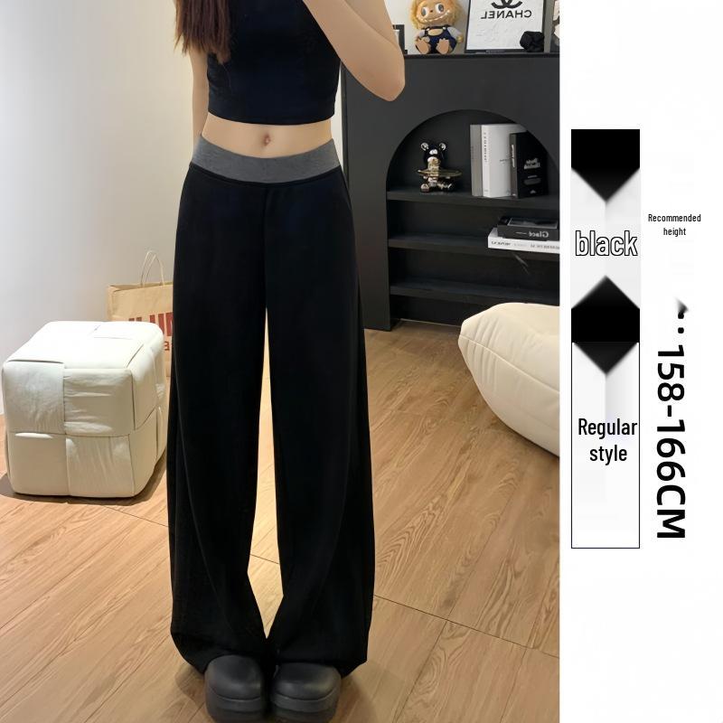 Women's Plus Size Fleece-Lined Black Patchwork Casual Wide-Leg Sweatpants for Autumn/Winter