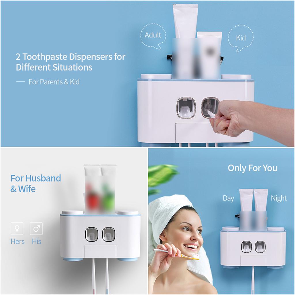 Wall-Mounted Toothbrush Holder with 2 Tootaste Dispensers 4 Cups and 5 Toothbrush Slots Toiletries Storage Rack