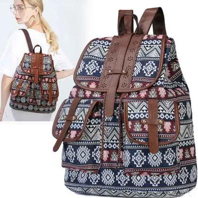 Hippie-Rucksack aus Segeltuch für Damen, Boho-Stil, ethnischer Kordelzug, lässiger Doppelschulter-Vintage-Reise-Tagesrucksack (blau), Groß
