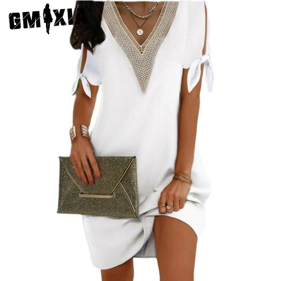 

GMXIA женские модные летние весенние тонкие повседневные платья с разрезом и бантом, однотонное платье с коротким рукавом и вырезом из кружева с v-образным вырезом