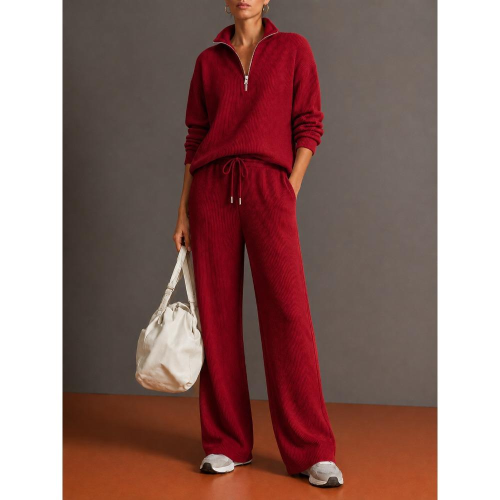 Women's Loose Knit Tracksuit Long Sleeve Half Zip Sweatshirt Drawstring Waist Wide Leg Pants