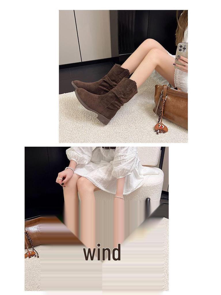 Women's Retro 8cm Height-Boost Mid-Calf Martin Boots - Slim Fit, Pleated Design, Versatile for Autumn/Winter