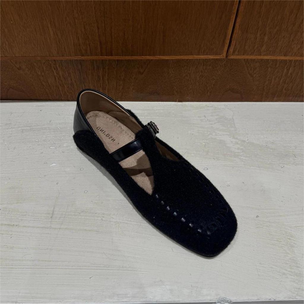 Inner Height Increase of 3cm~ Square Head Mary Jane Shoes for Women's 2025 Early Autumn New Korean Version Woolen Material One-word Ballet Shoes