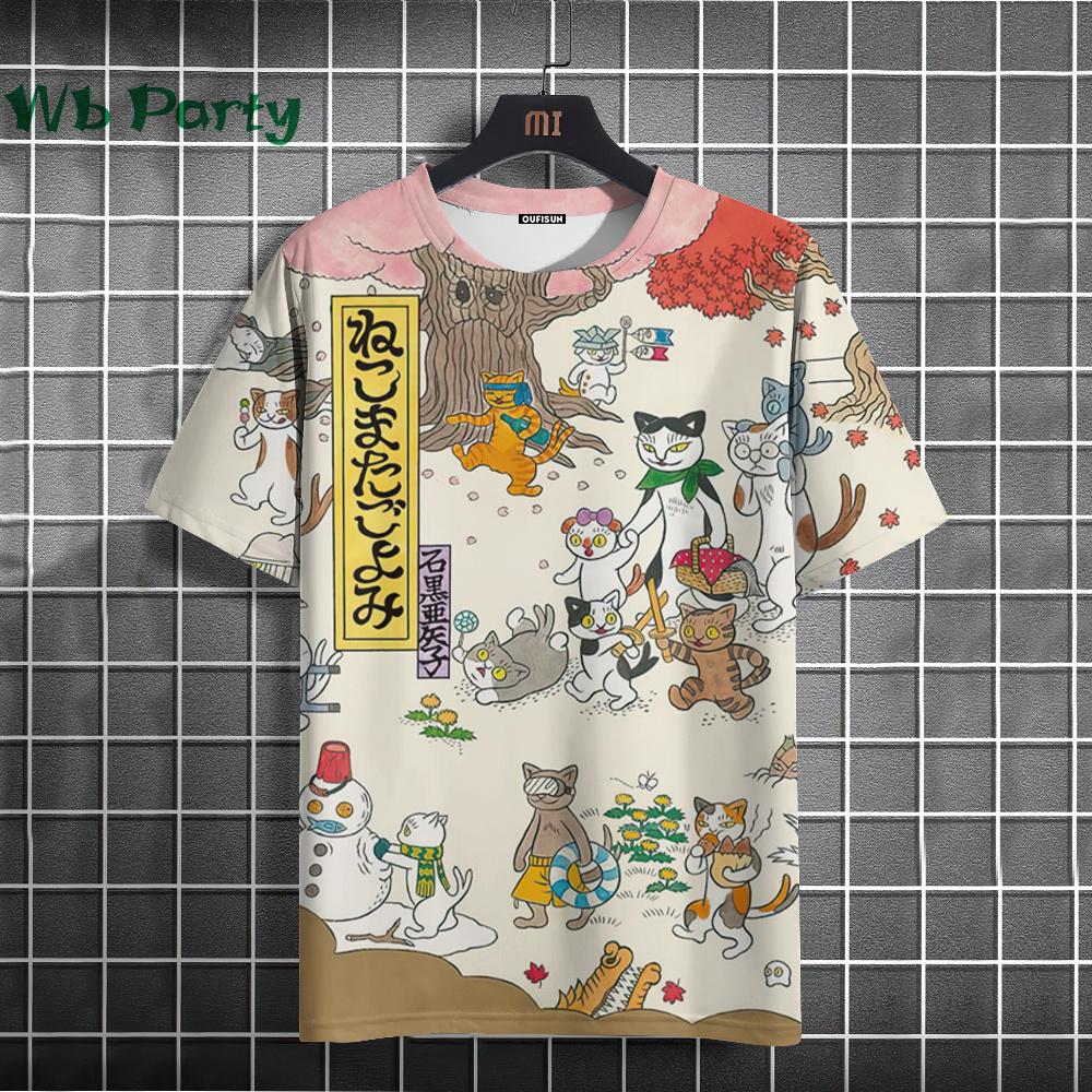 Summer Round Neck 3D Japanese Style Cartoon Cat Print Top Fashionable Casual Short Sleeved Men's T-shirts