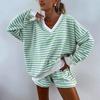 1116 New cross-European and American Women's Clothing Temperament Striped V-neck T-shirt Shorts Set Women's Fashion and Leisure