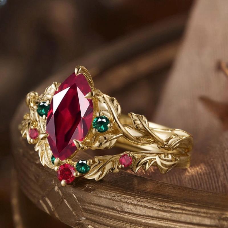 Court Style Red Horse Eye Zircon Ring Gold-plated Inlaid Colored Diamond Pair Ring, Branch Set Ring Female