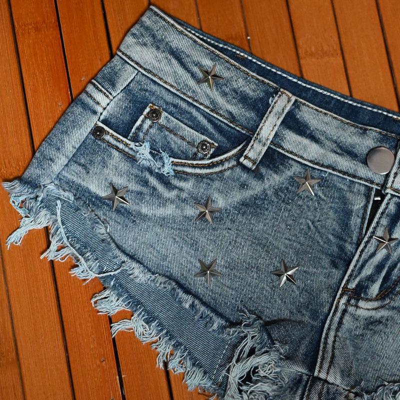 Frayed Distressed Rivet Ultra Low-Rise Hot Denim Shorts for Women