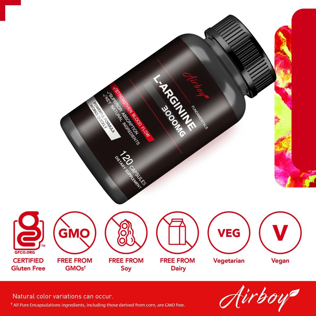 Airboy L-Arginine Nitric Oxide Supplement 3000mg promotes blood circulation and enhances nutrient delivery; suitable for adults.