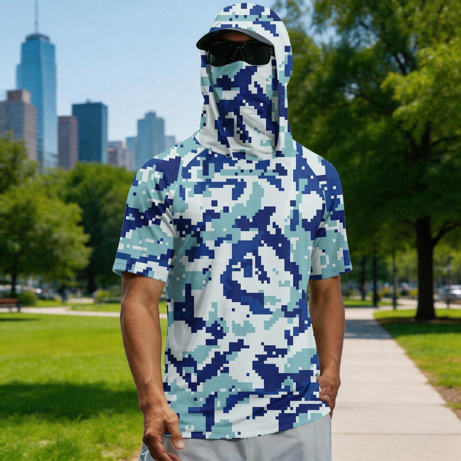 

Men s summer camouflage gradient drying short-sleeved T-shirt, sun clothing, fishing, fitness, sports, hooded short-sleeved shirt M синий