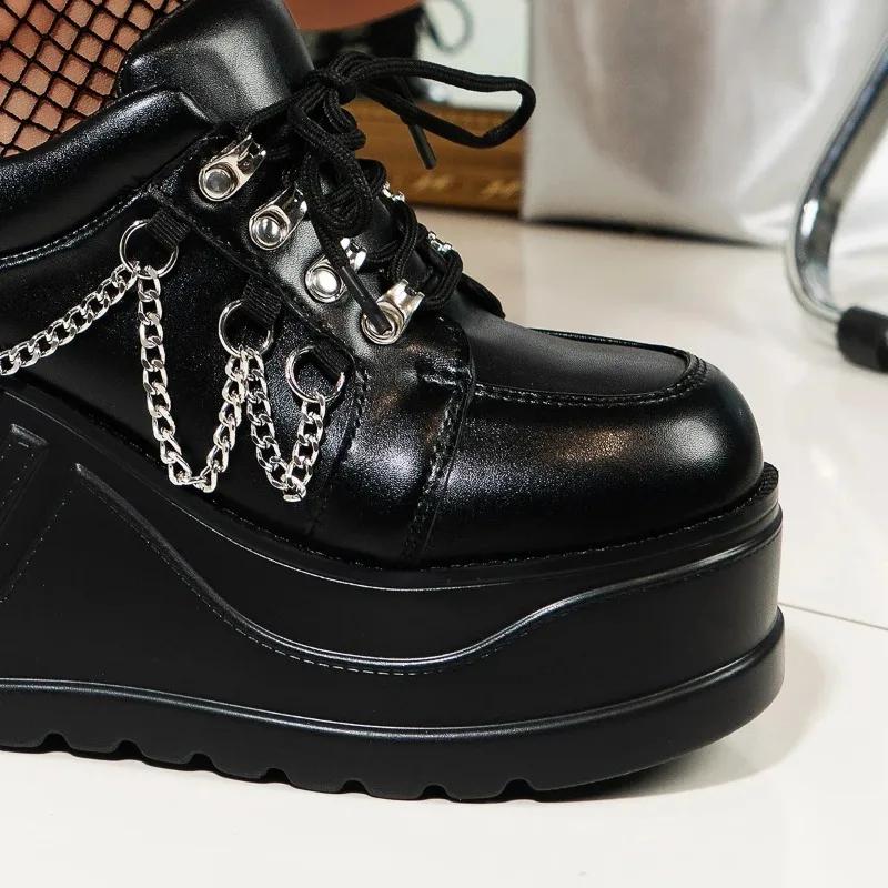 Fashion 2025 New Size 42 Black Lace Up Buckle Wedges Platform Women's Sneakers Thick Bottom Fashion Gothic Punk Shoes Zapatos Mujer