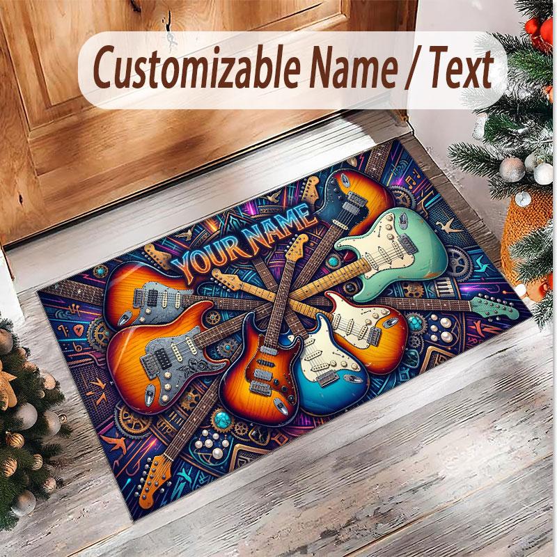 Music Guitar Theme Soft Crystal Velvet Rug Custom Name & Text Print Non Slip Floor Rug for Bedroom Living Room