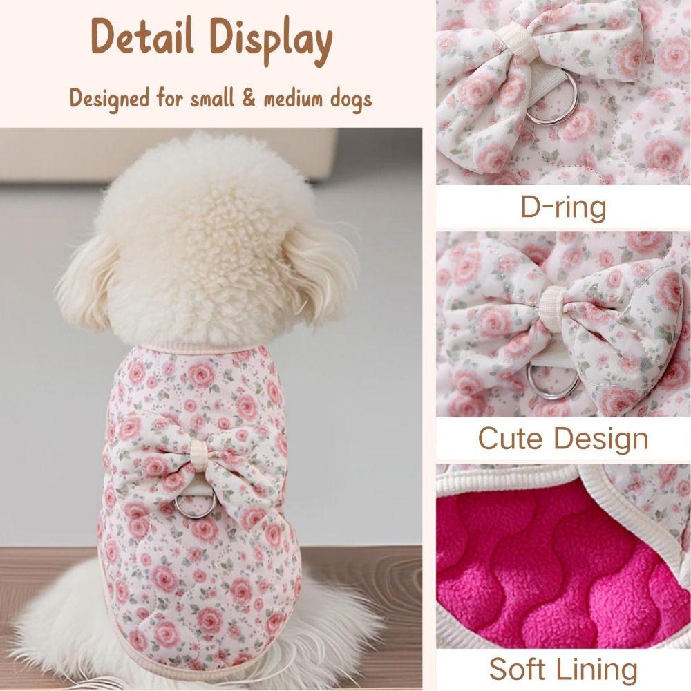 Cute Fleece Lined Puppy Vest Winter Warm Thickened Floral Dog Jacket Windproof with Bow Teddy Bear Coat Pet Supplies