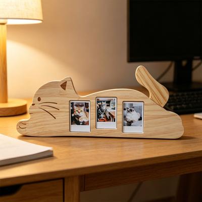 Cornice per Foto a Forma di Gatto in Legno, Cornice Rustica per Esposizione Foto di Animali Domestici con Coda Rotante, Supporto Decorativo per Foto per Ufficio e Casa per Foto da 2 Pollici