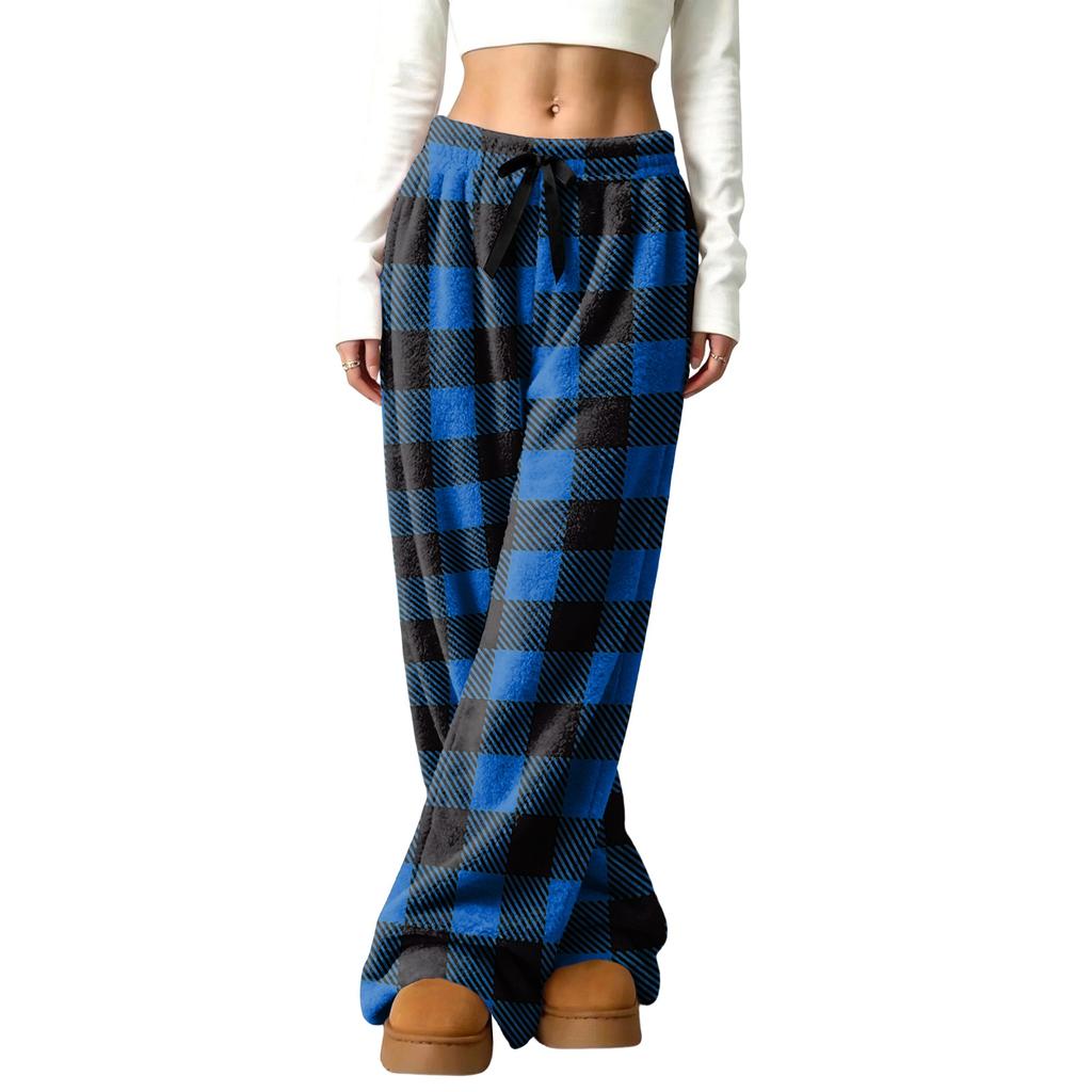 Women's Casual Plaid Print -Lined Wide Leg Pants with Elastic Waist, Loose Fit Trousers for Fall Winter