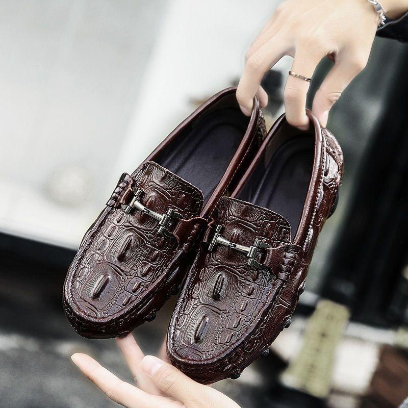 Men's Spring Alligator Pattern Leather Slip-On Shoes - Casual, Trendy, Soft Sole Driving & Work Shoes