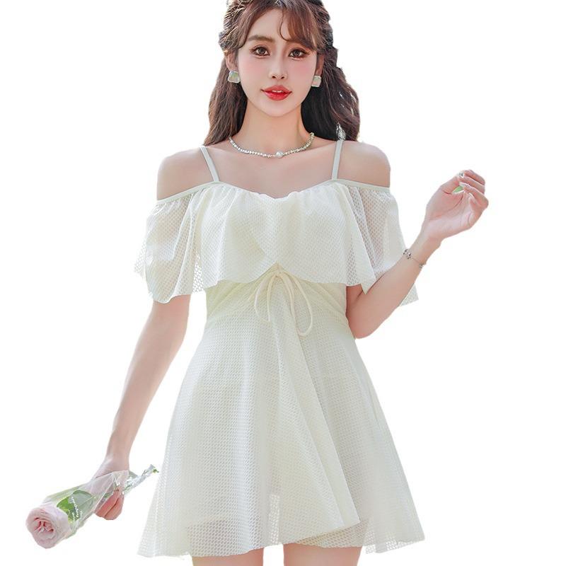 2025 Women's Conservative Solid Color Mori Girl One-Piece Suspender Swimsuit - Gentle Fairy Style for Summer