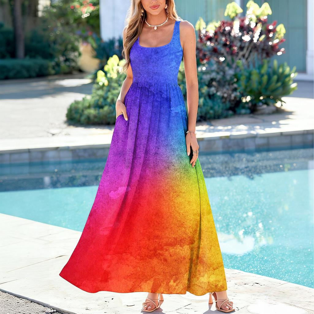 Women's Sleeveless Maxi Dress Summer Casual Long Dress Tie-Dye Print Round Neck Relaxed Fit Lightweight Fabric