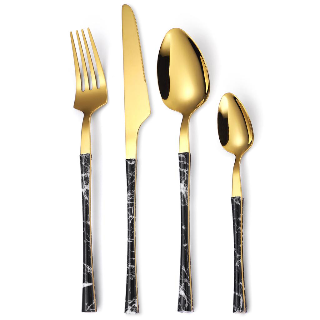 Golden Stainless Steel Cutlery Set Four-piece Plastic Handle Household Knife Fork and Spoon Creative Kitchen Hotel Supplies.