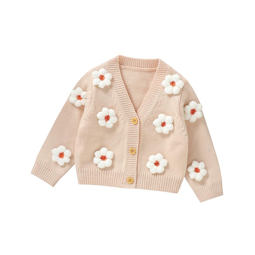 Sweet Long Sleeve V-neck Single Breasted Baby Girls Spring & Fall Coat Knitted Acrylic Babies Cardigan For 6-36 Months Newborn
