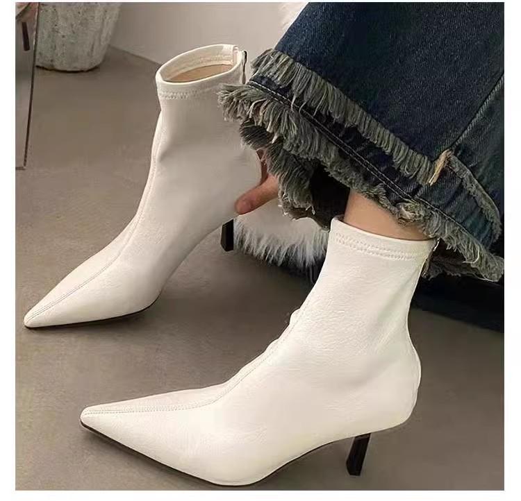 

Тонкий каблук высокий каблук весенне-осенние одинарные ботинки с острым носком короткие ботинки женская обувь 2024 новая белая корейские тонкие маленькие ботильоны 35 белый