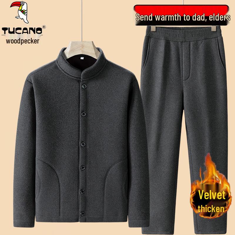 Woodpecker Dad Winter Fleece-Lined Men's Three-Piece Set: Thickened Cotton Coat, Vest, and Cardigan Jacket for Middle-Aged and Elderly.