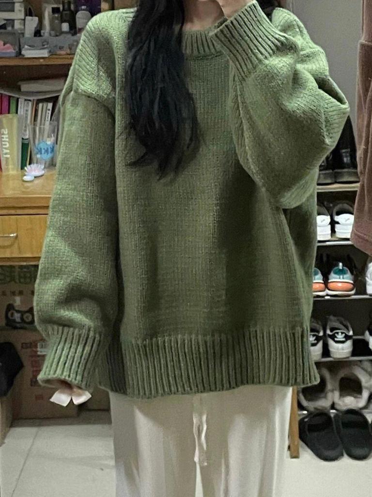 2023 Women's Thick Green Pullover Sweater - Retro Japanese Style for Autumn/Winter