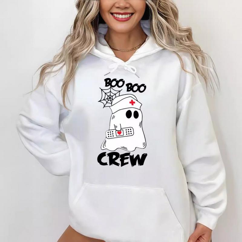 Ladies Spring Autumn Casual Hooded Long Sleeve Big Pocket Halloween Ghost Nurse Printed Pullover Hoodies Sweatshirt Top