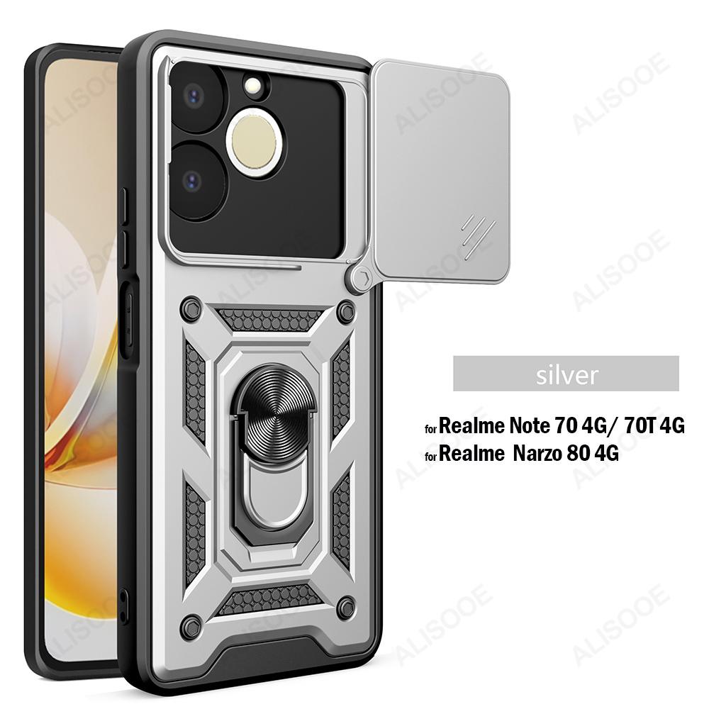 

Зсувна кришка камери для Realme Note 70 70T 4G Narzo 80 4G Чохол Кільце Підставка Тримач Повний Захист Ударостійкий Чохол для Телефона Capa Funda Realme Note 70 4G срібний