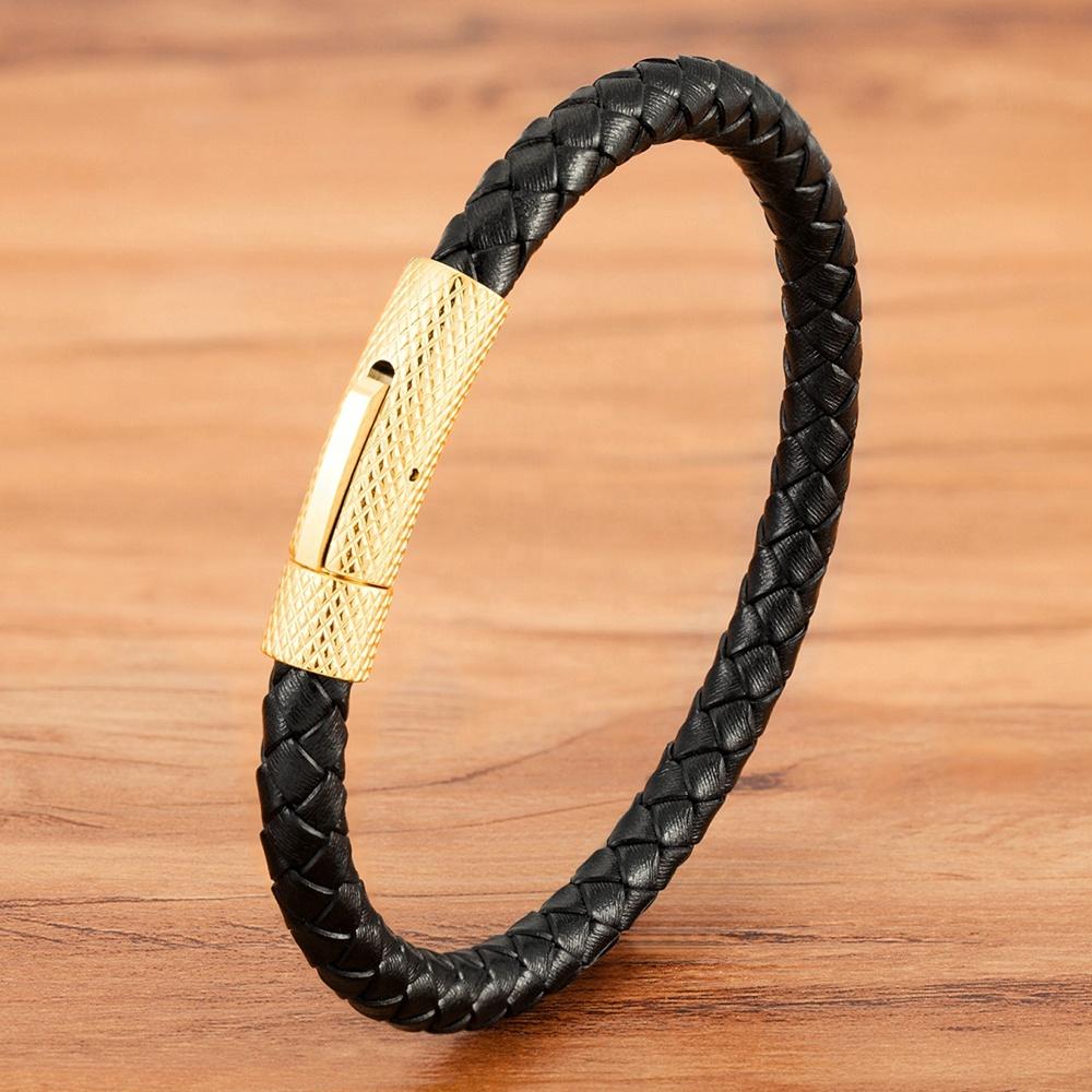 QIKU Fashion Mens Braided Leather Bracelet Black/Brown/Red Stainless Steel Retro Simple Bangle Jewelry Christmas Gift