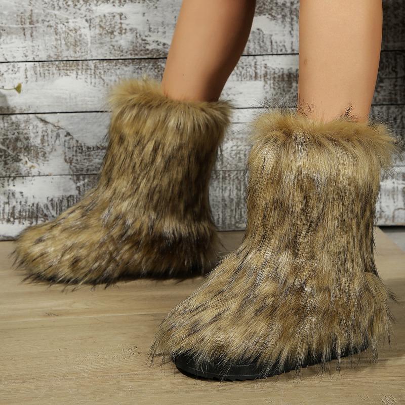 European and American Foreign Fashion Imitation Fur Medium Tube Thick-soled Snow Boots Women's Imitation Raccoon Fox Hair Winter Warm Cotton Boots