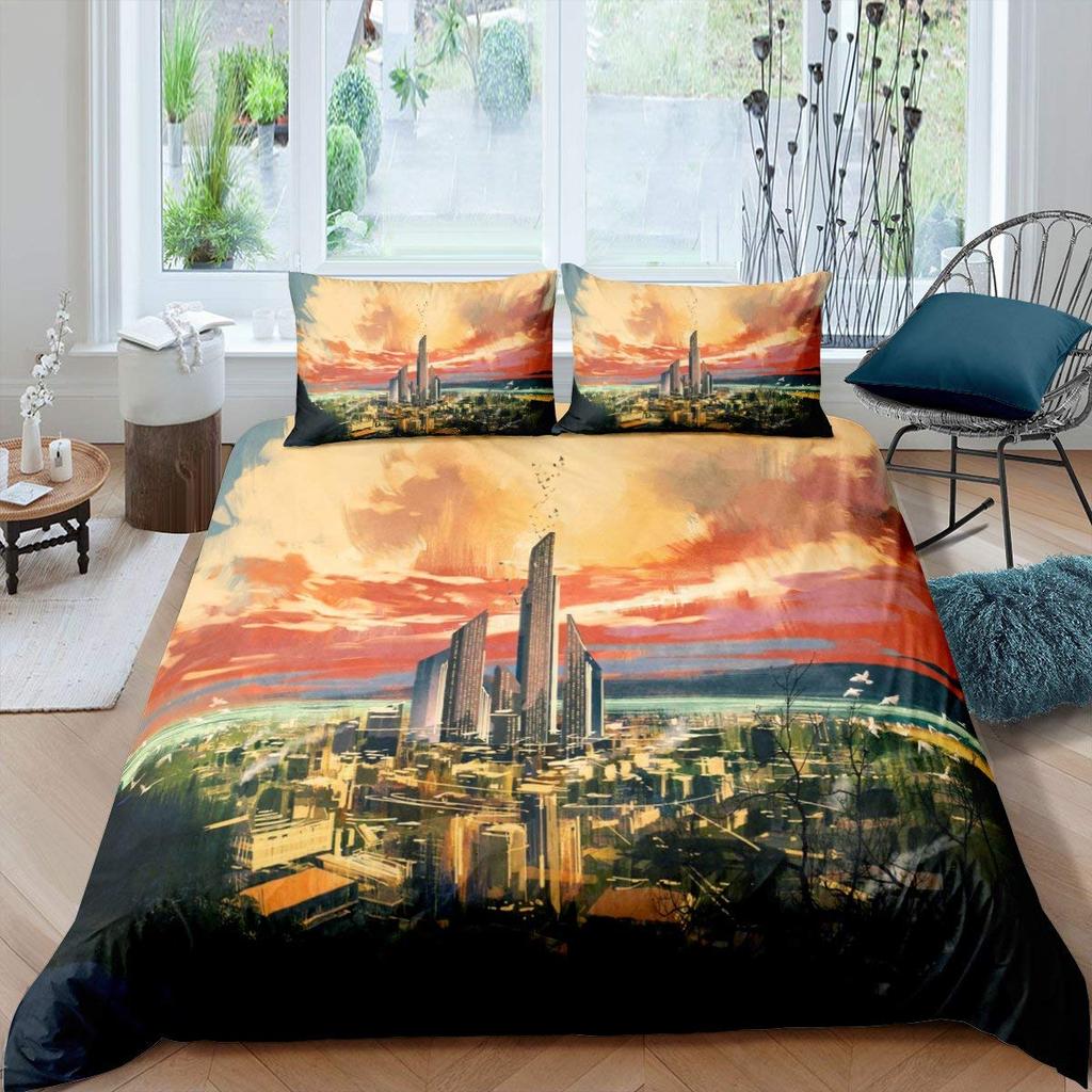 Cityscape Duvet Cover Set New York City Night View Quilt Cover For Boys Adults Microfiber Building Bedding Set 2/3Pcs King Size