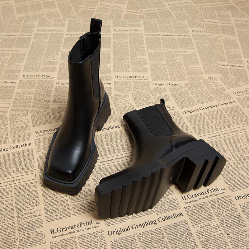 Autumn Winter Vintage Thick Heel Women Knee High Boots Fashion Square Toe Shoes Female Punk Short Booties  De Muje