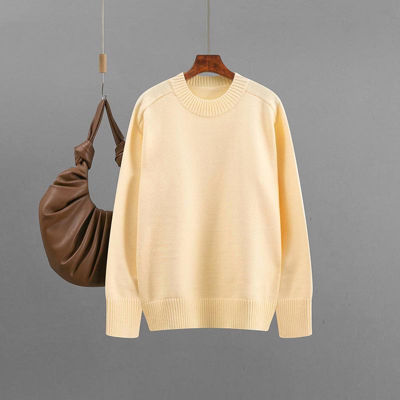 Qooth Basic Casual Sweater Women Oversize Solid Color Round Neck Knit Top QT2790